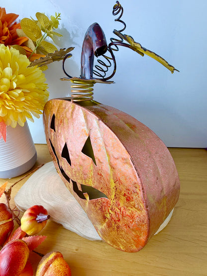 Rustic Orange Metal Pumpkin decoration with decorative stalk