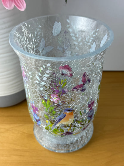 Floral Bird Hurricane Glass Vase - medium