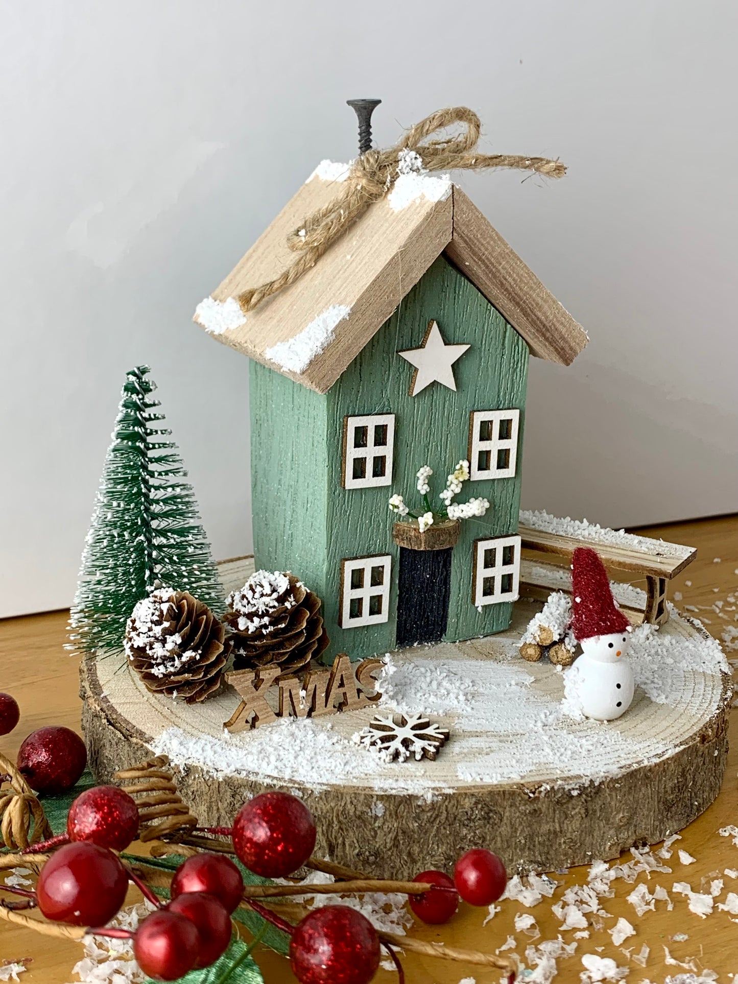 Christmas Cottage - Green with Snowman