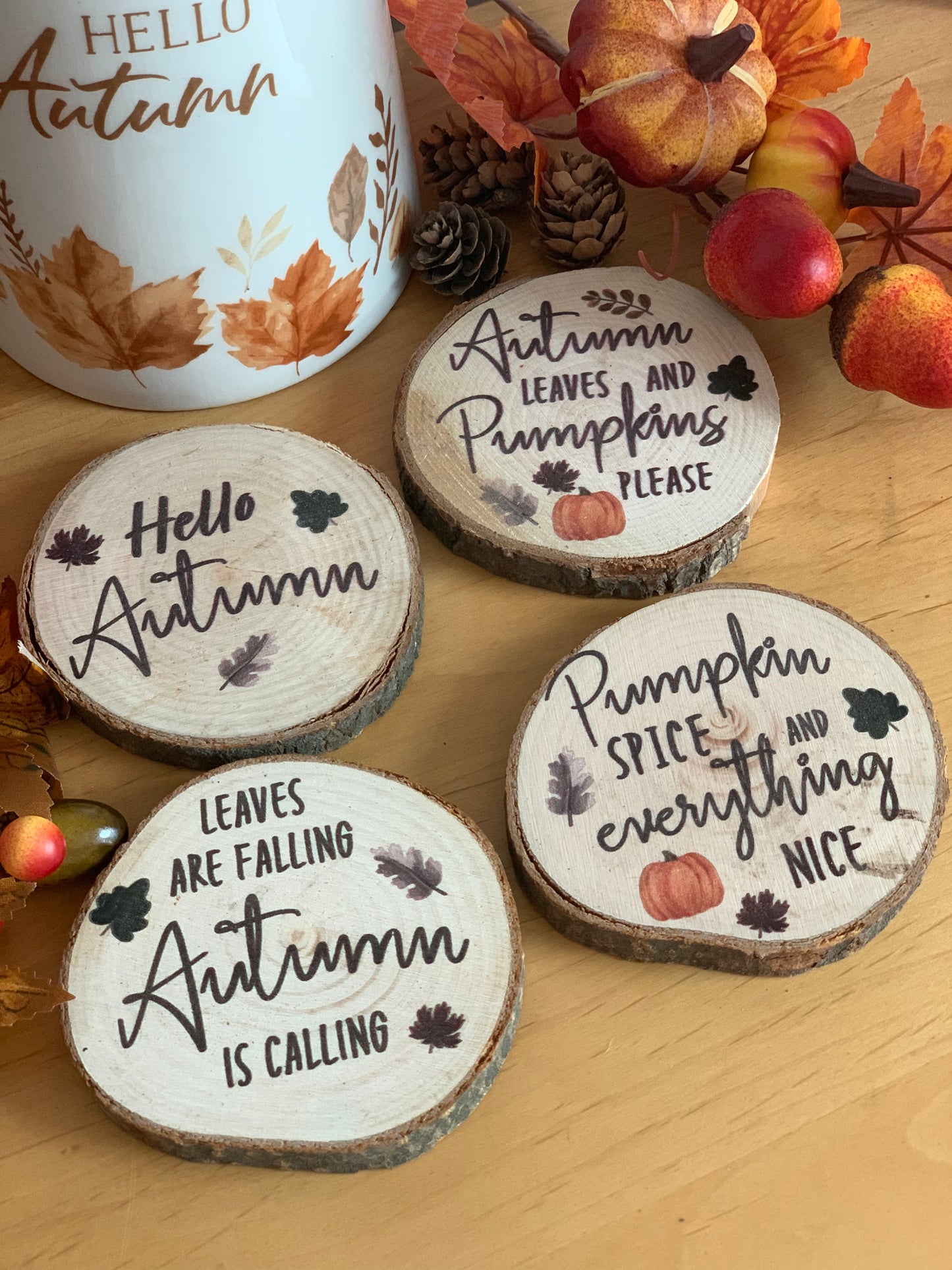 Set of 4 log slice Autumn coasters