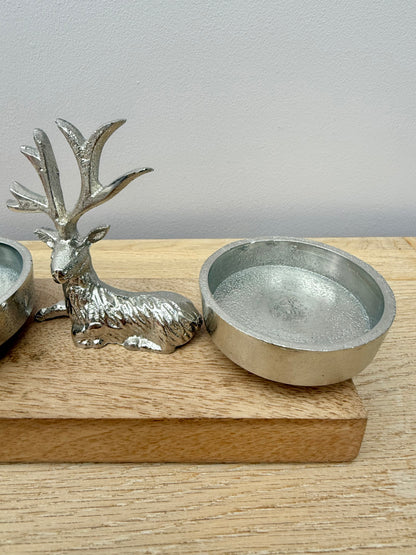 Wooden Silver Reindeer and Christmas Tree T-light holder
