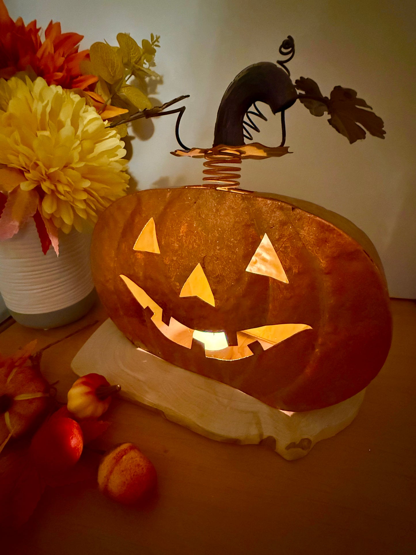 Rustic Orange Metal Pumpkin decoration with decorative stalk