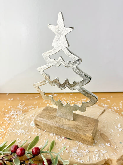 Wooden Base Silver Christmas Tree with Star - 2 Sizes