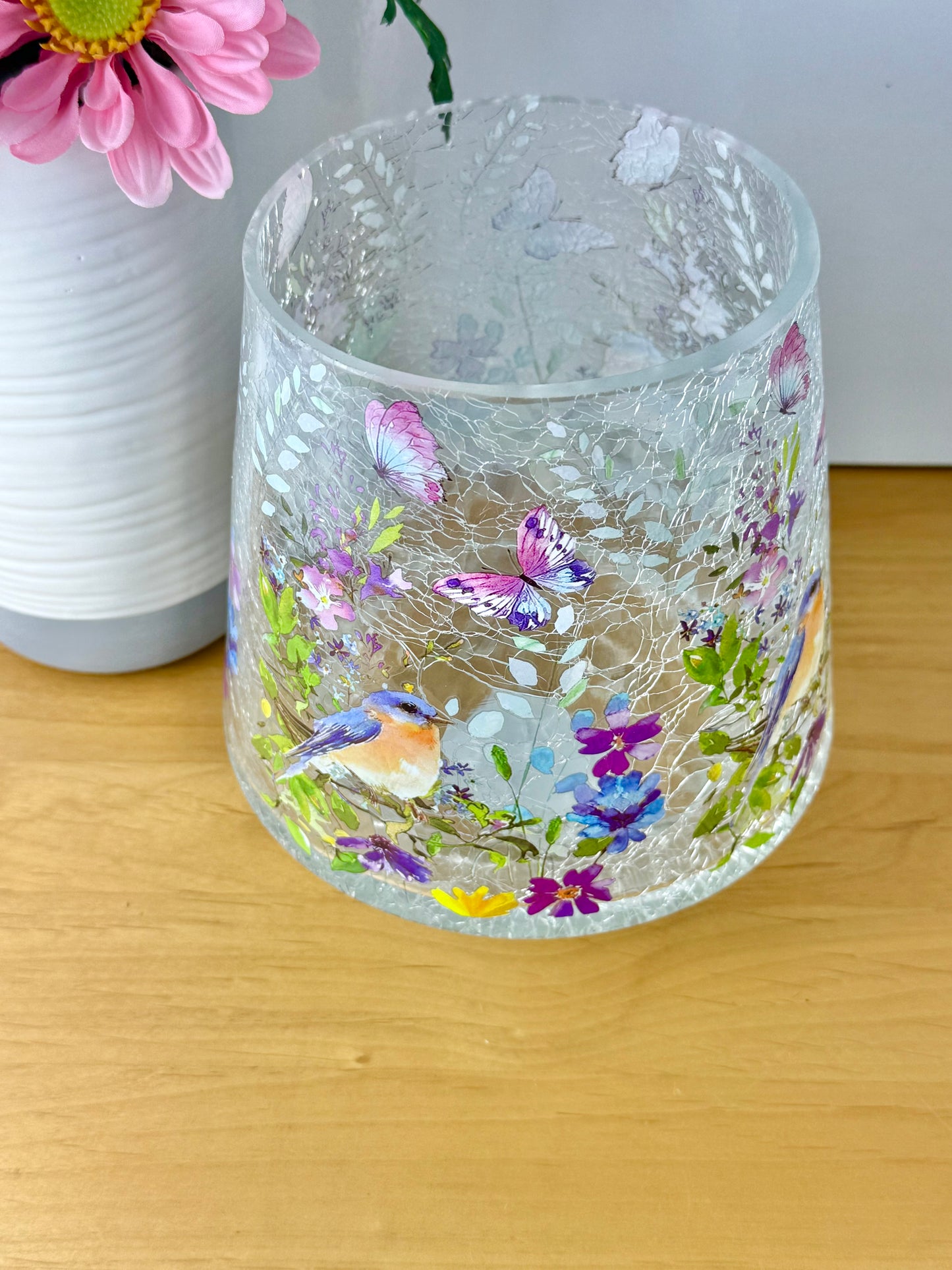 Floral Bird Hurricane Glass Vase - large