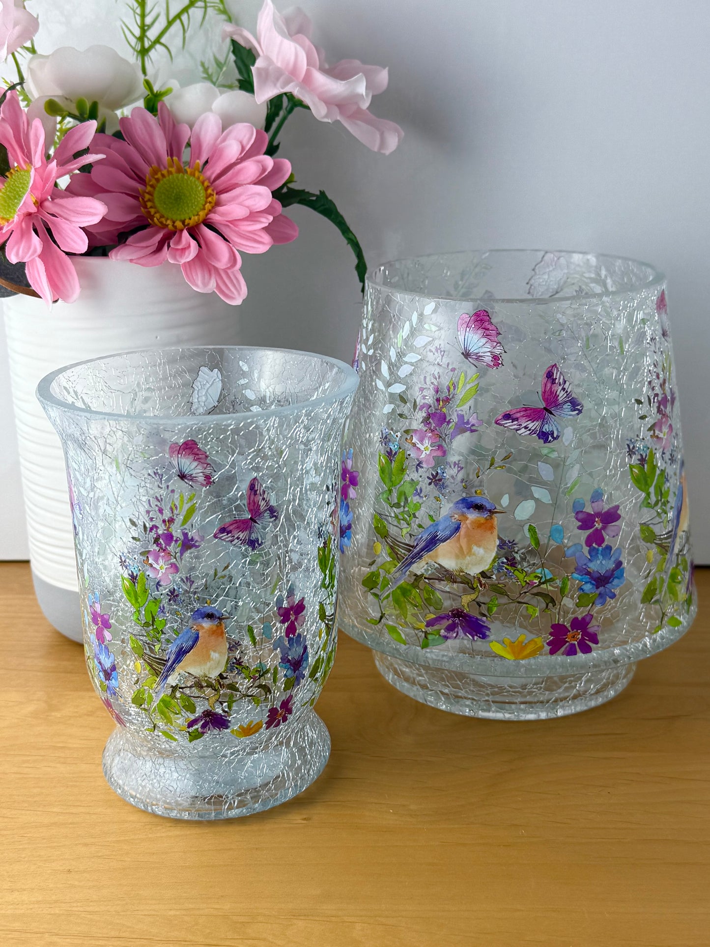 Floral Bird Hurricane Glass Vase - medium