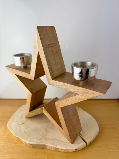Wooden Star with silver T-light holders