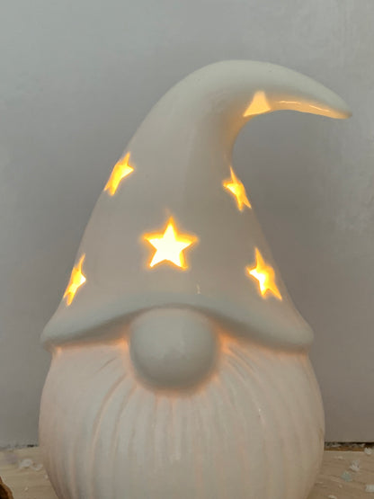 White Ceramic LED Santa with Star cutouts