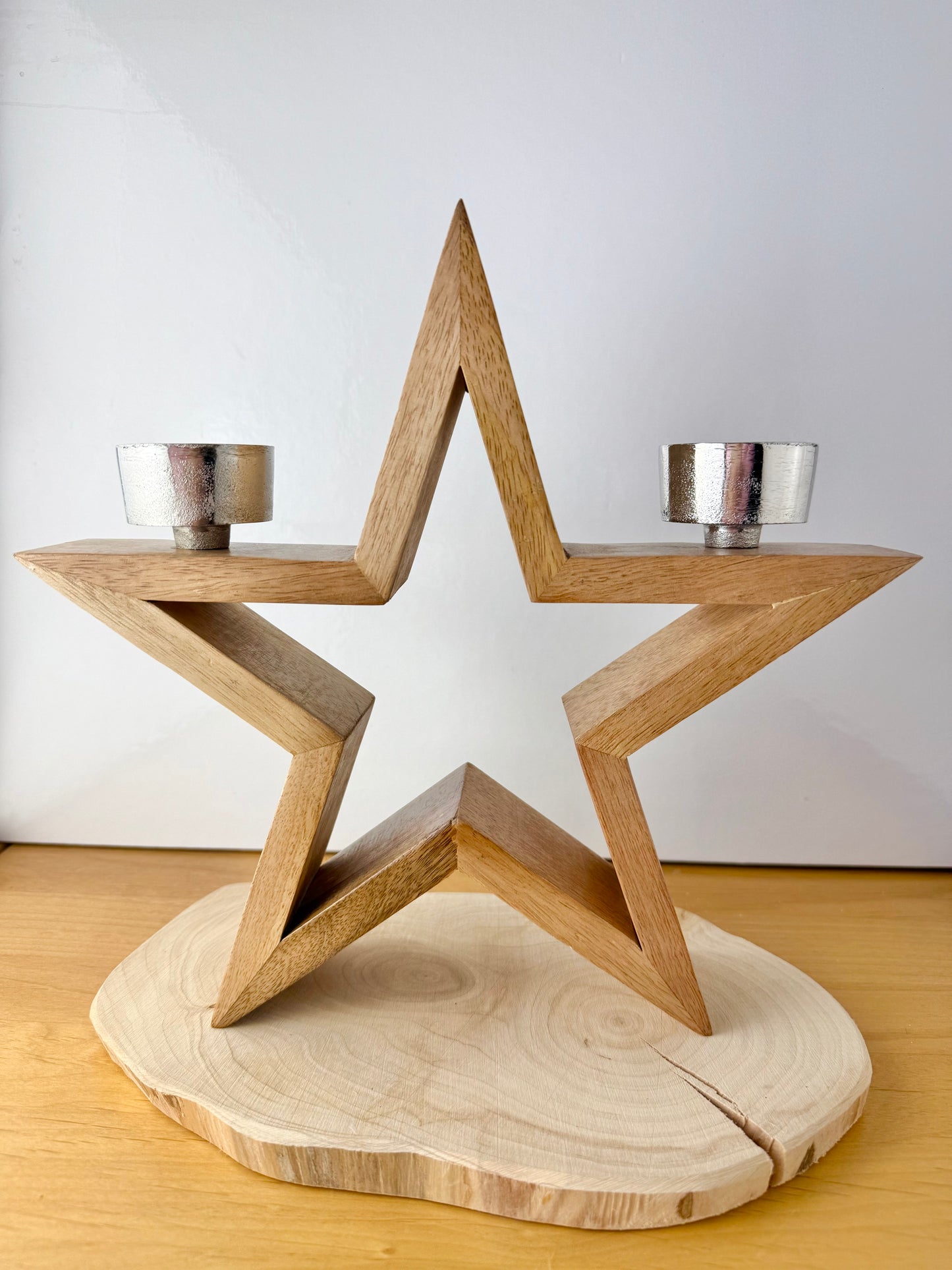 Wooden Star with silver T-light holders