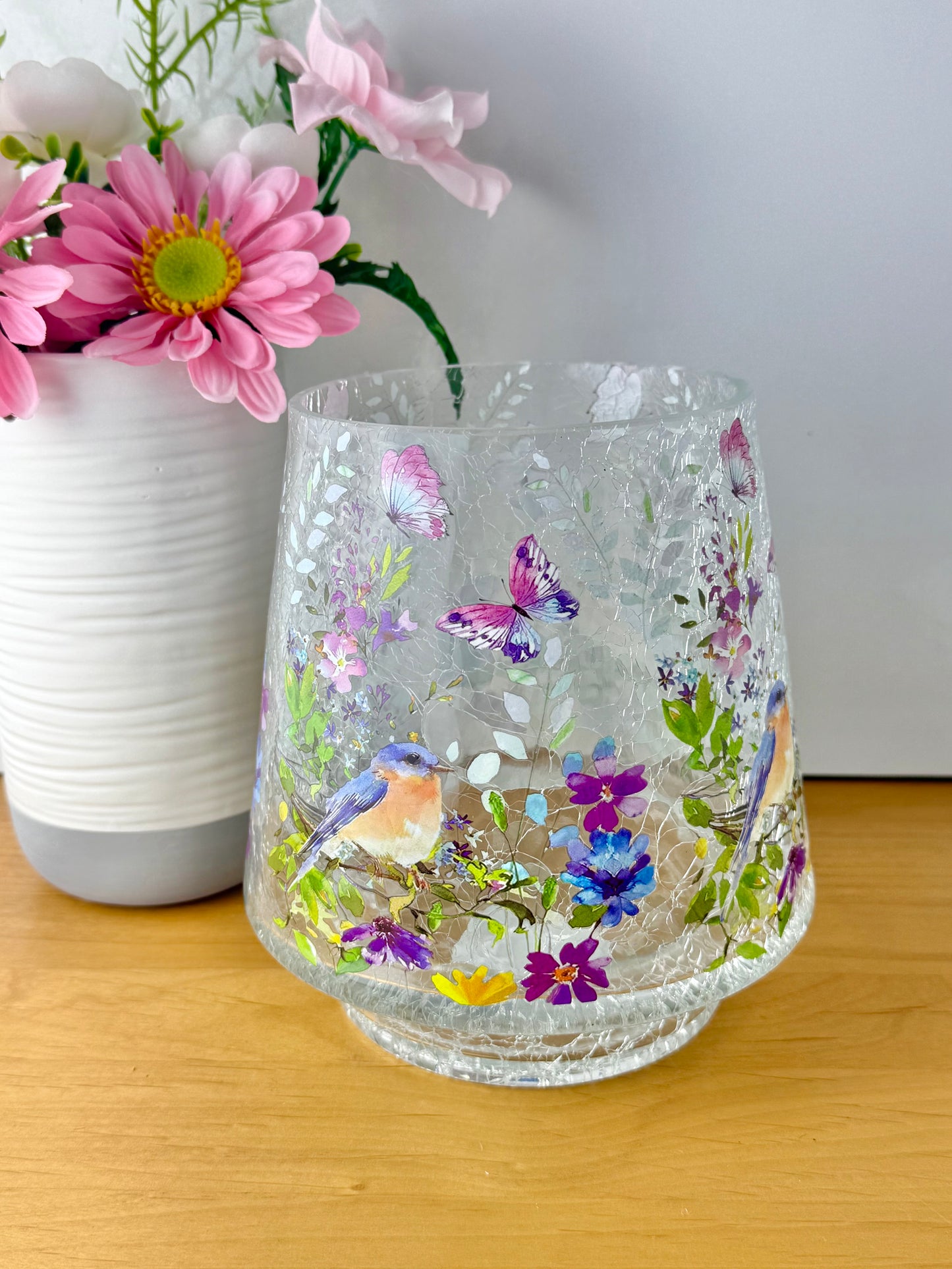 Floral Bird Hurricane Glass Vase - large