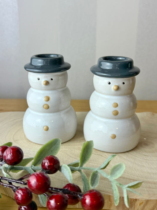 Snowman Ceramic Candle holders - pair