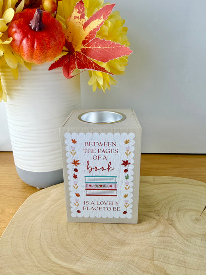 Cosy Chapter Wooden Tea Light Holder - Between the covers of a book is a lovely place to be