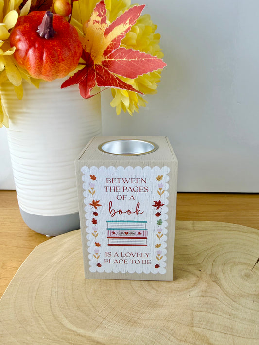 Cosy Chapter Wooden Tea Light Holder - Between the covers of a book is a lovely place to be