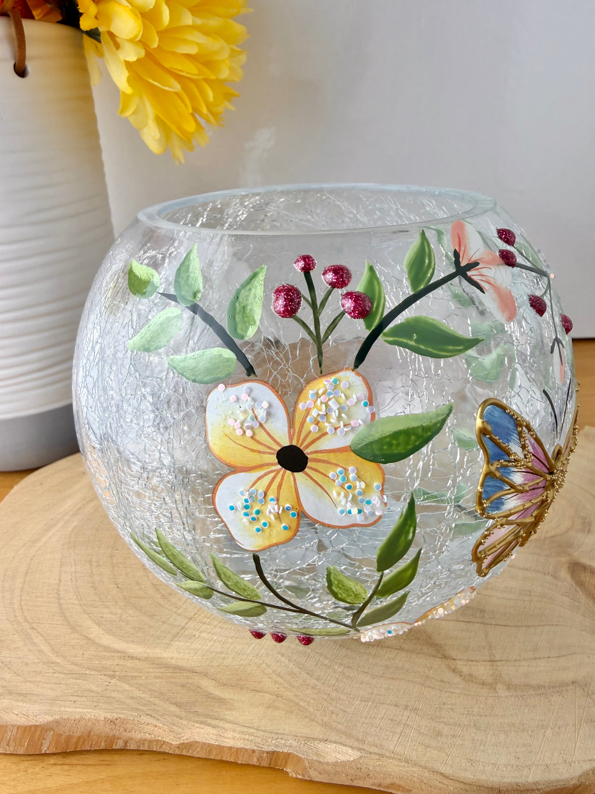 Pretty Butterfly Crackled glass Tealight Bowl