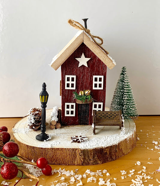 Christmas Cottage - Red with Bench & Street Light