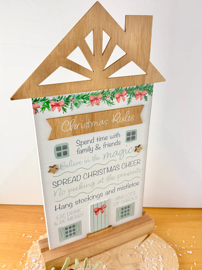 Holly Cottage Christmas Rules Wooden House Sign