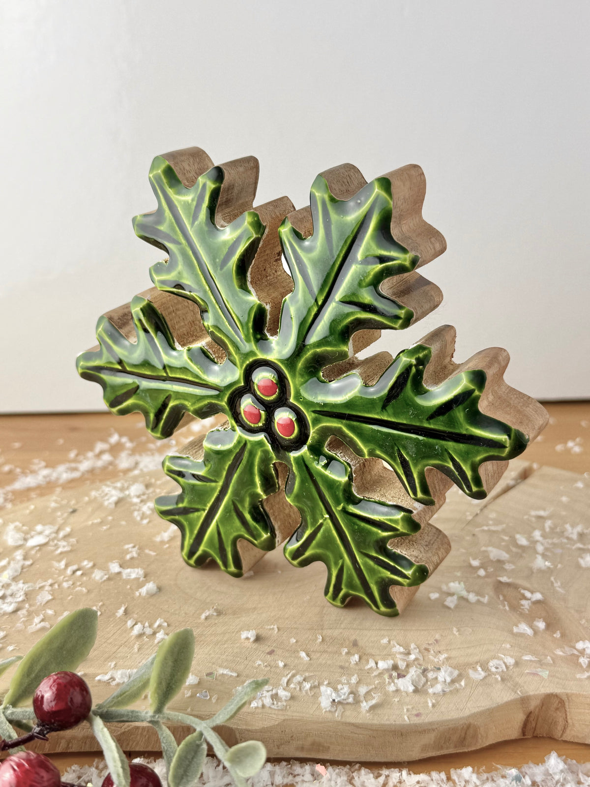 Wood & Enamel Holly Decoration