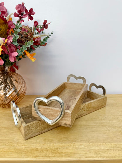 Wooden Trays with Silver heart handles - 2 sizes