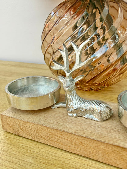 Wooden Silver Reindeer and Christmas Tree T-light holder