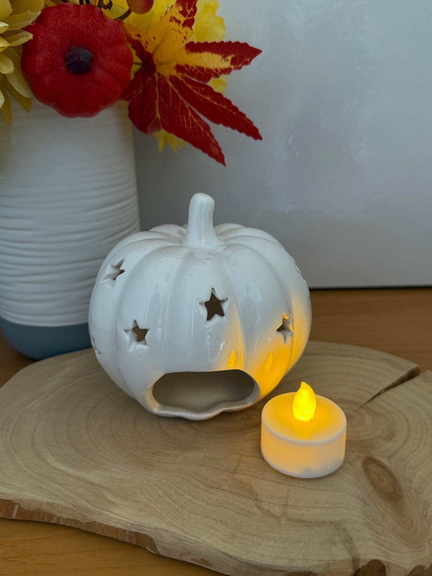 White Ceramic Pumpkin T-light Holder with cutout stars