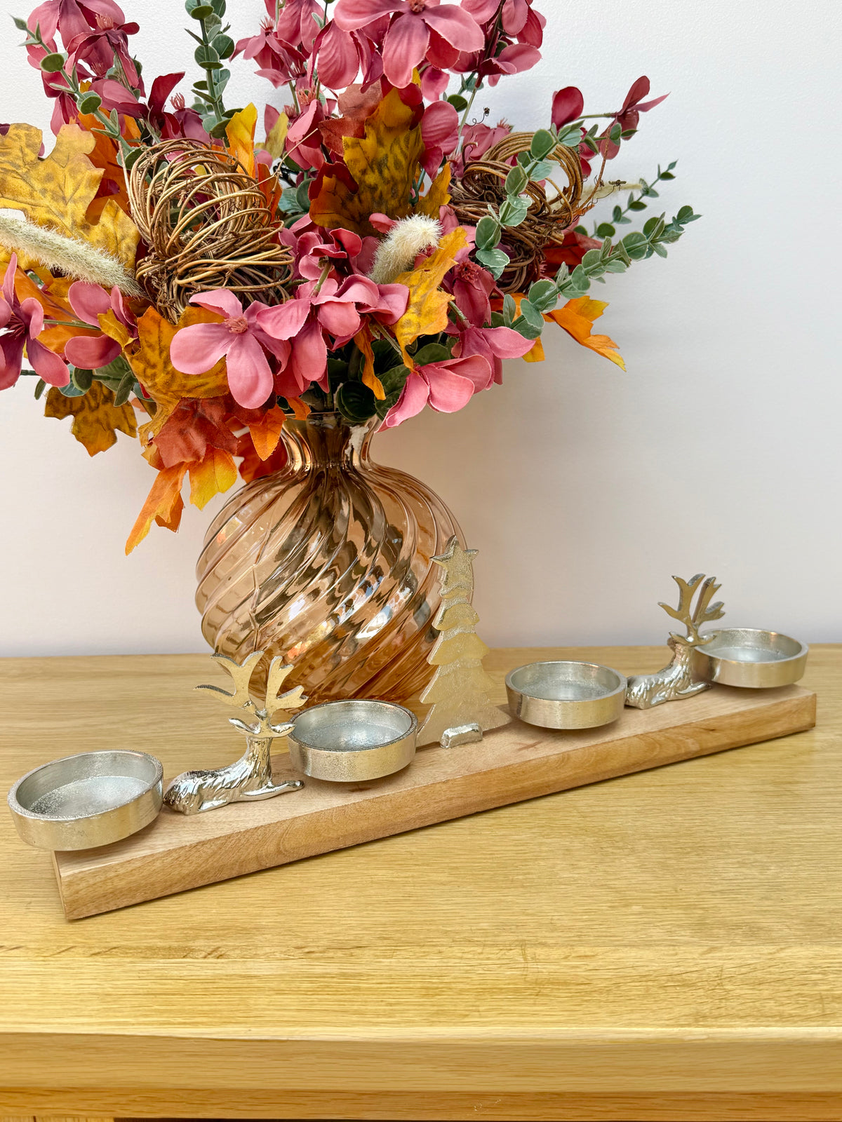 Wooden Silver Reindeer and Christmas Tree T-light holder