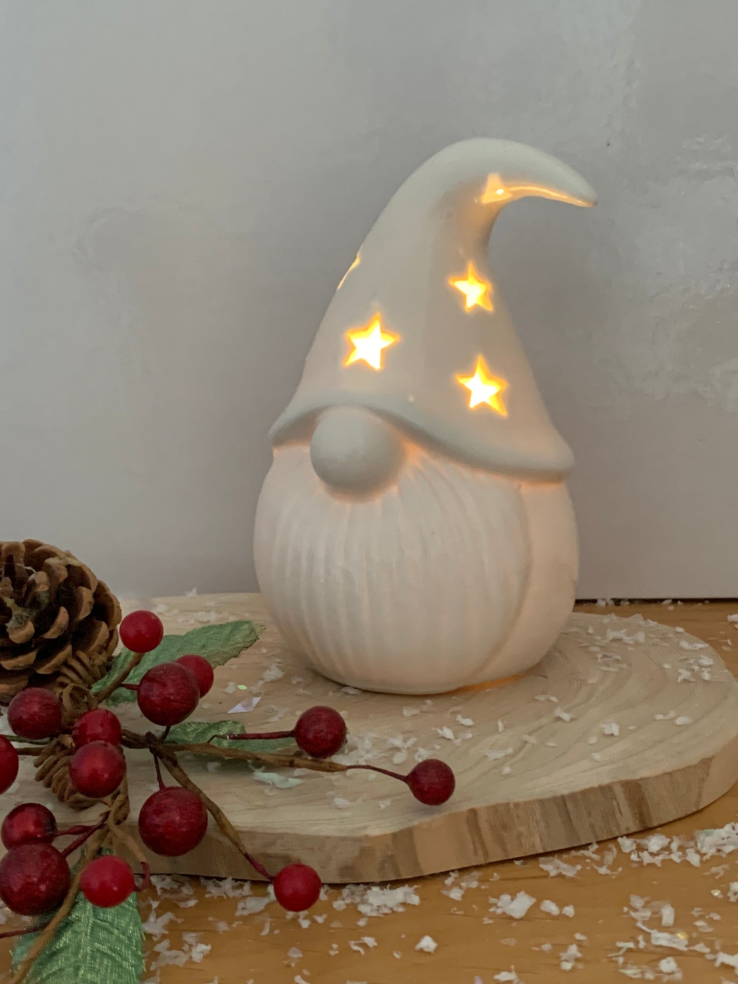 White Ceramic LED Santa with Star cutouts