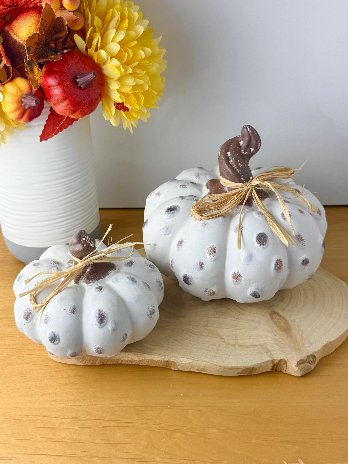 White textured pumpkins with rattan bow - Set of 2