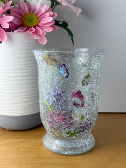 Floral Butterfly Hurricane Glass Vase - medium