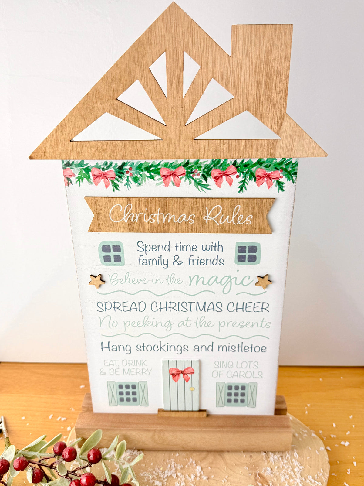 Holly Cottage Christmas Rules Wooden House Sign