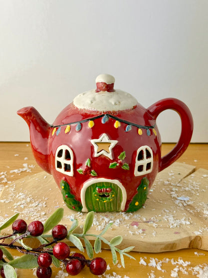 Village Pottery Christmas Teapot House
