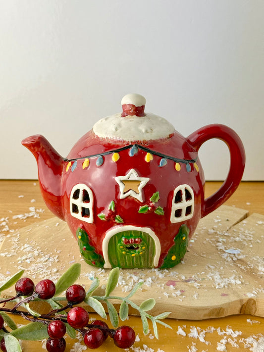 Village Pottery Christmas Teapot House