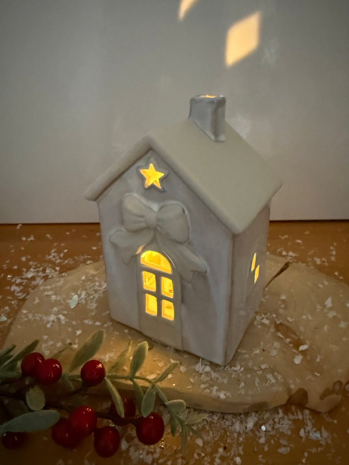 Light Up Natural Bow Ceramic House - 2 Sizes