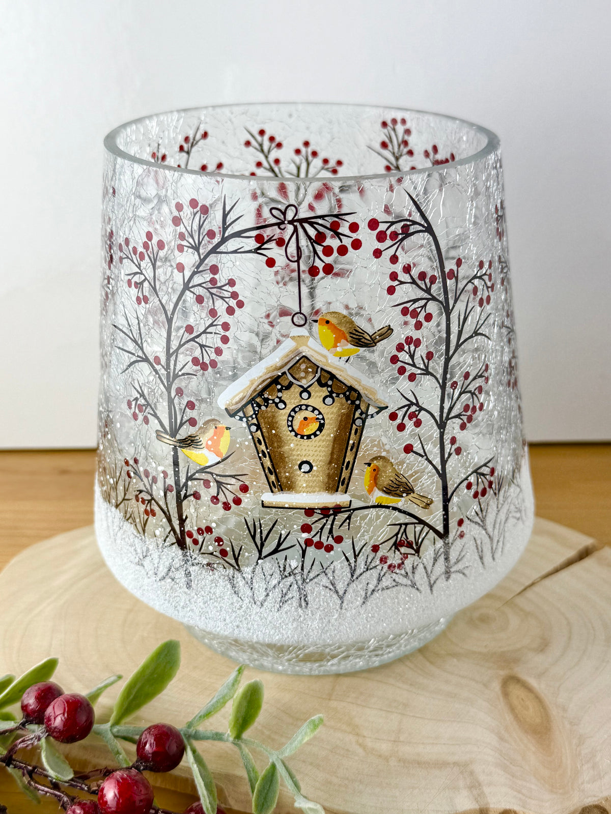 Christmas Robin Crackled Glass Hurricane Vase