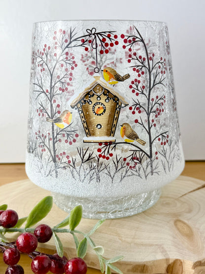 Christmas Robin Crackled Glass Hurricane Vase