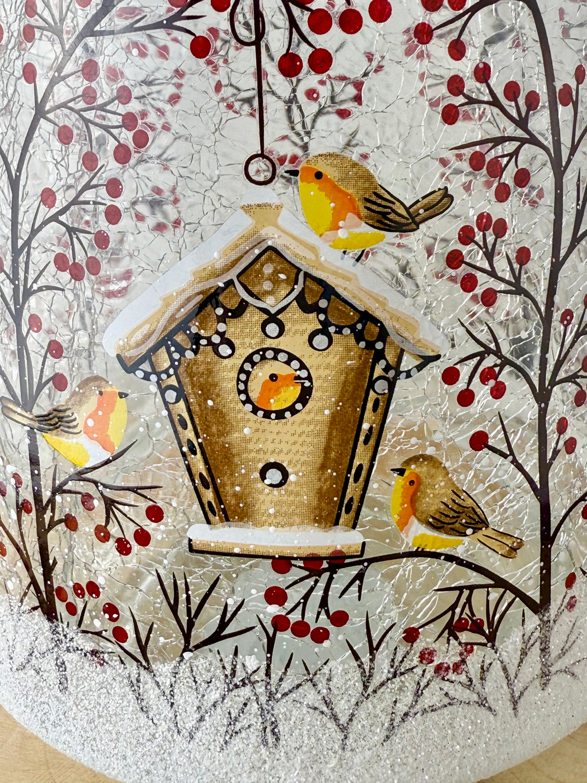 Christmas Robin Crackled Glass Hurricane Vase