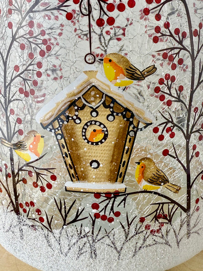 Christmas Robin Crackled Glass Hurricane Vase