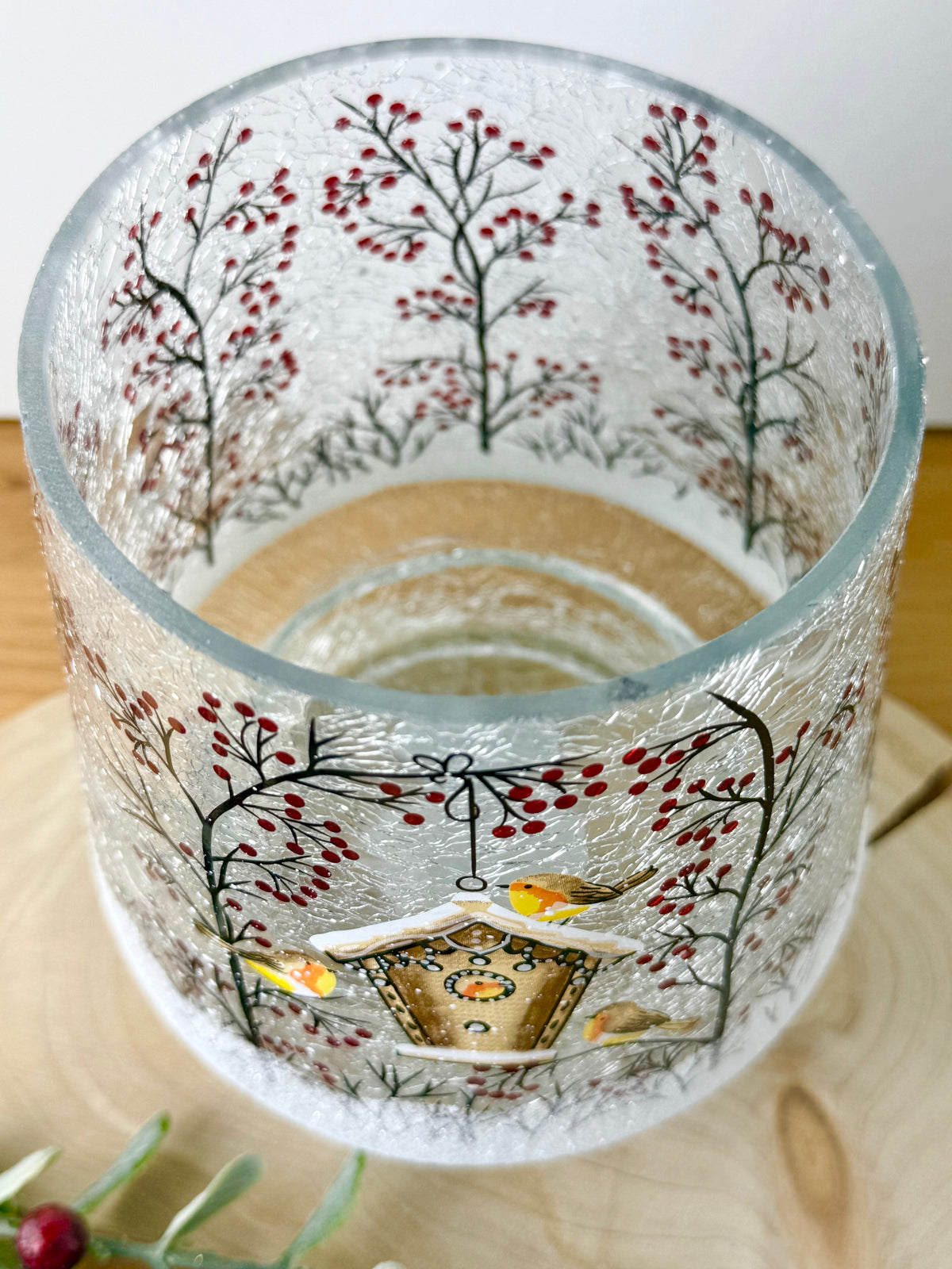 Christmas Robin Crackled Glass Hurricane Vase