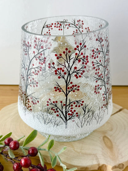 Christmas Robin Crackled Glass Hurricane Vase