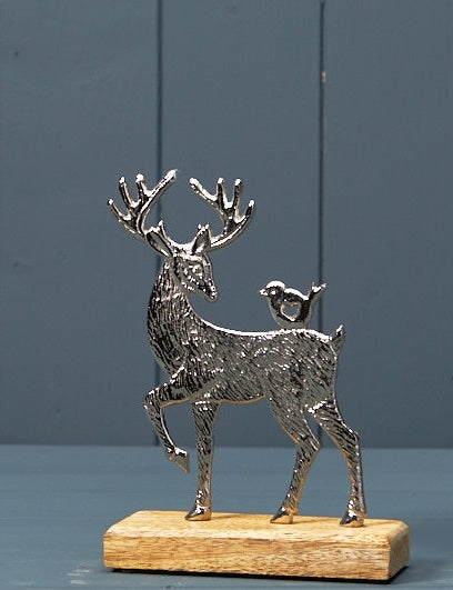 Silver Metal Reindeer On Wooden Base