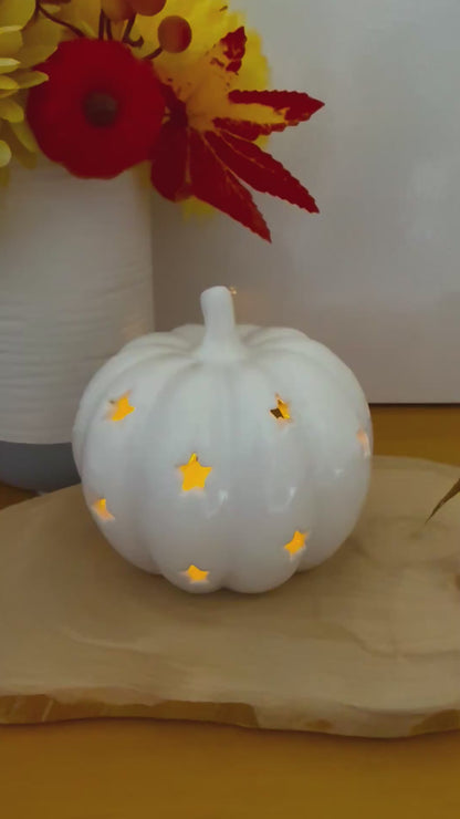 White Ceramic Pumpkin T-light Holder with cutout stars